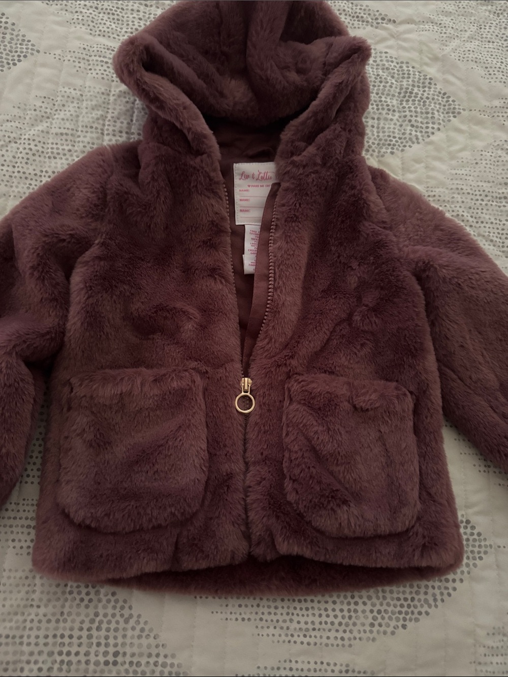 Plush Hooded Puffer Jacket in Mauve with Gold Zipper - Kids